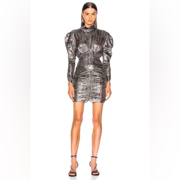 ISABEL MARANT REVOLVE SILVER‎ RUCHED METALLIC MINI DRESS FR 36 SIZE 2 - Picture 1 of 11